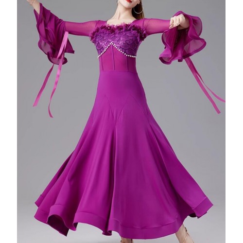 Women girls black red purple sequins ballroom dance dresses flowy sleeves waltz tango foxtrot rhythm smooth dancing long gown for lady